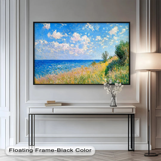 Layers of expressive brushstrokes create depth in this seaside landscape impressionist oil painting decoration, showcasing the ocean, grassy dunes, and a sky full of clouds.