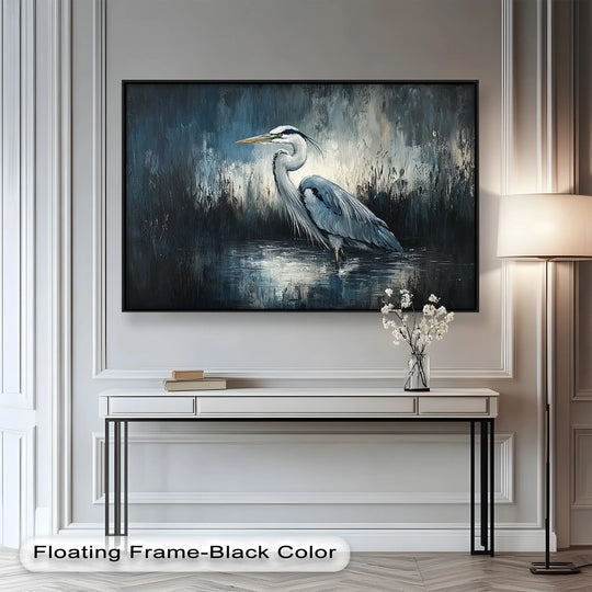 Evoking the subtle sway of reeds and the heron's serene stance, this oil painting art piece captures the marshland's living, breathing essence.