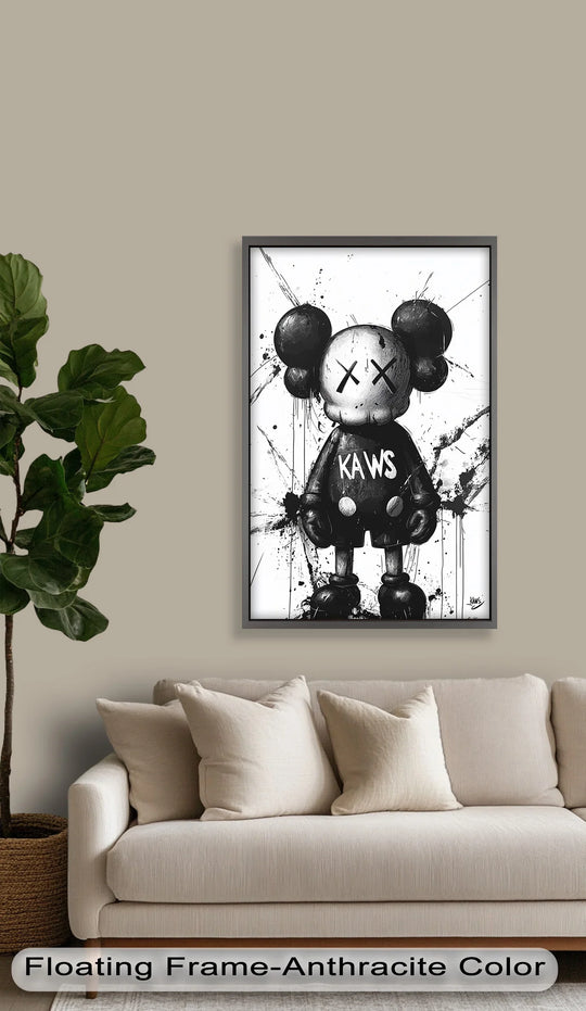 Neutral tones of the wall create a subtle background for this striking, modern oil painting art featuring a black and white KAWS graffiti figure.
