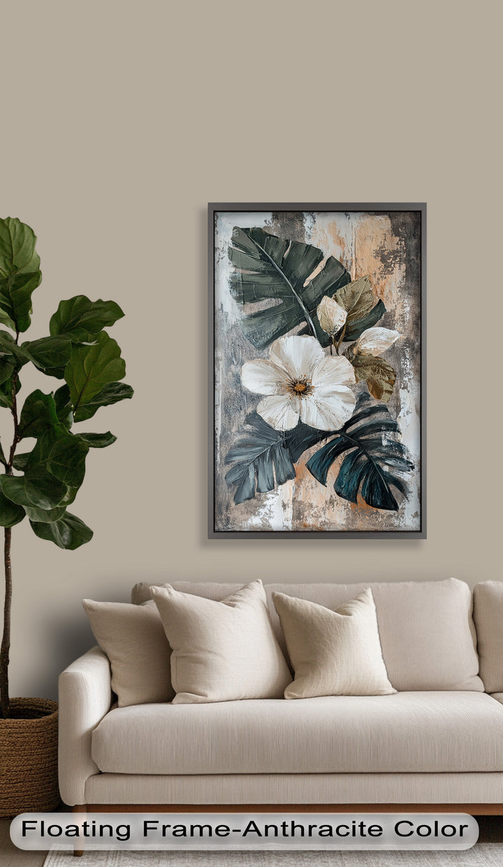 White Bloom and Tropical Leaves - Flower Oil Painting