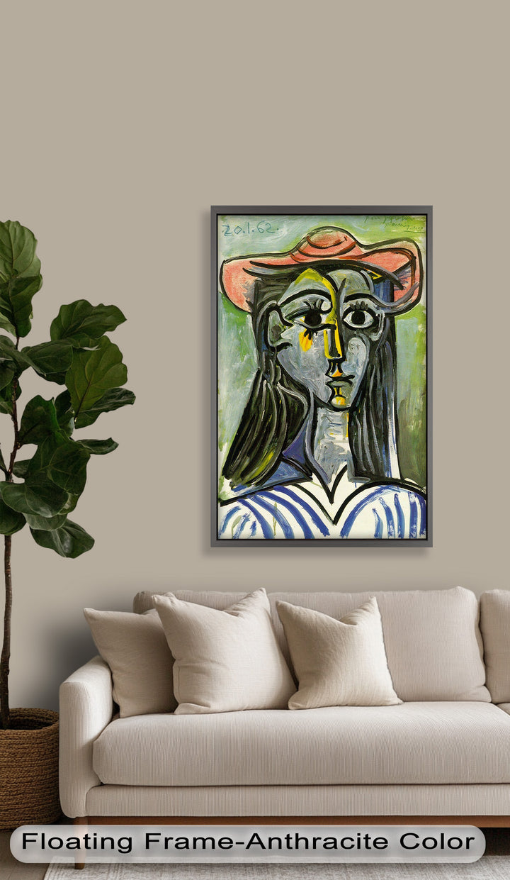 Striped Muse in Pink Hat – Picasso Oil Painting