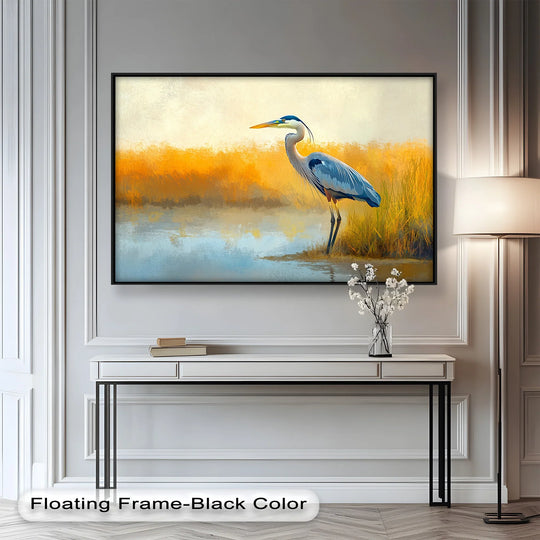 Captured with realistic detail, this oil painting reproduction print showcases a blue heron amidst a golden marsh, embodying a serene animal oil painting scene.