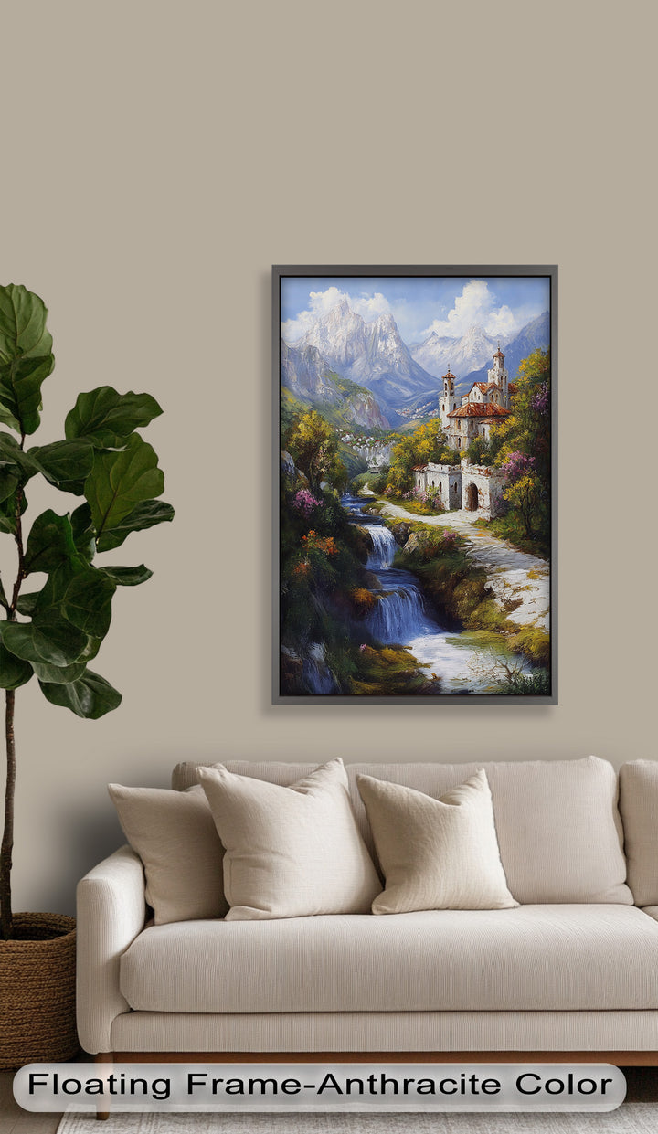 Mountain Abbey by the Falls – Serene Renaissance Oil Painting