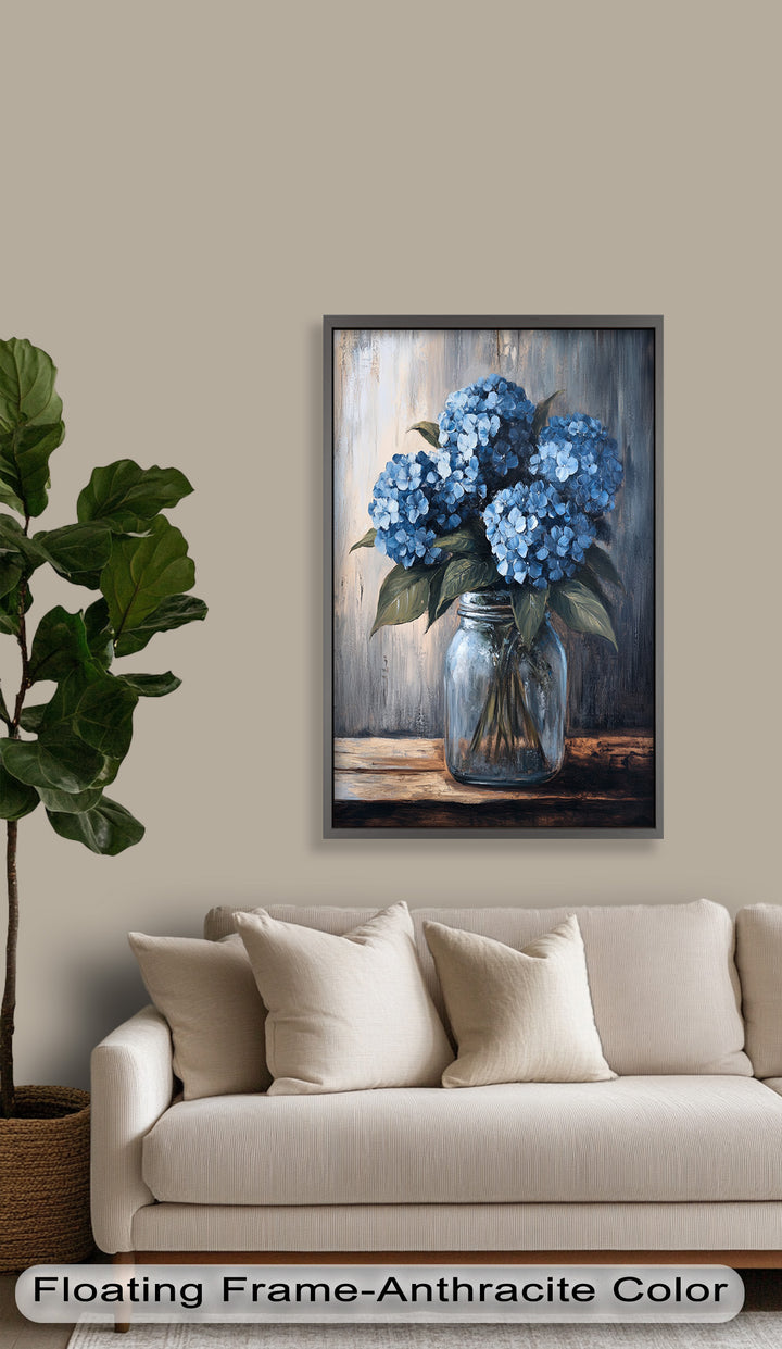 Blaue Gelassenheit – Hortensienblüten im Einmachglas, Blumenölgemälde