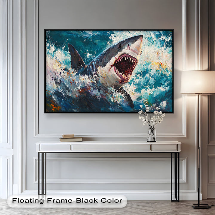 Ferocious Shark Emerging from Turbulent Waters – Animal Oil Painting