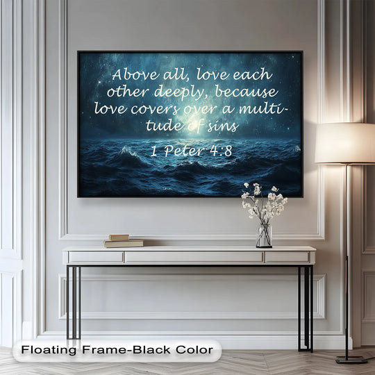 Celestial ocean scene with glowing light and 1 Peter 4:8 about love and forgiveness.
