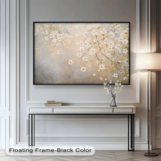 Framed, geometric panels surround an oil painting art piece featuring delicate blossom branches, creating a rectangular composition with linear console table and floor lamp elements.