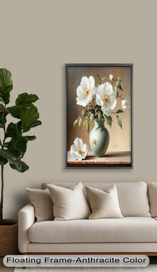 Subtle undulations in the painting create a sense of movement, as if the white peony still life in the classic floral arrangement is swaying gently, enhancing these oil painting art prints.