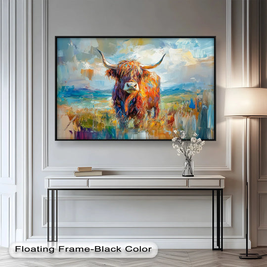 The dramatic, energetic mood of the highland cow in windswept fields is captured in this vibrant animal oil painting reproduction print.