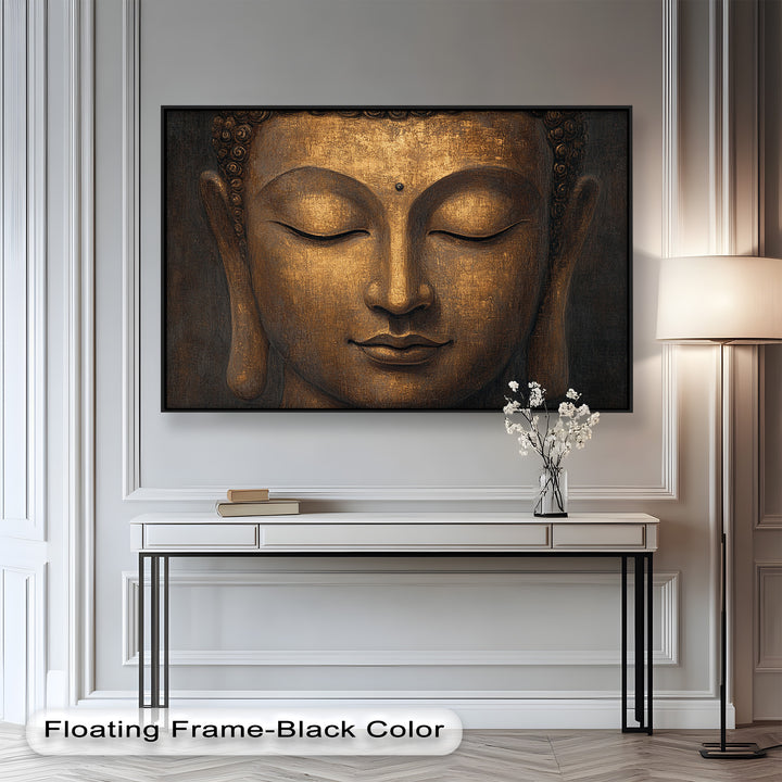 A sacred and minimalist image of Buddha’s face, symbolizing inner peace and enlightenment with radiant golden highlights.