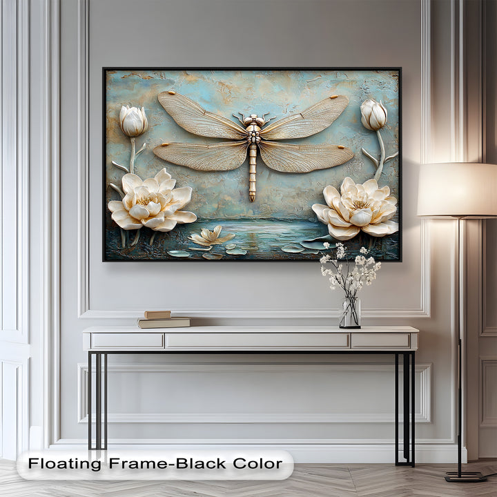 A unique framed wall art piece with an intricate dragonfly motif and detailed floral embellishments, evoking a sense of serenity and natural beauty.