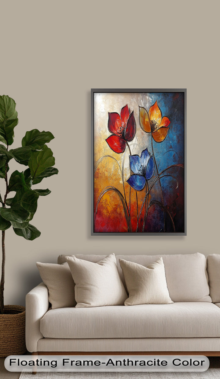 Eternal Bloom – Red, Yellow, and Blue Floral Oil Painting