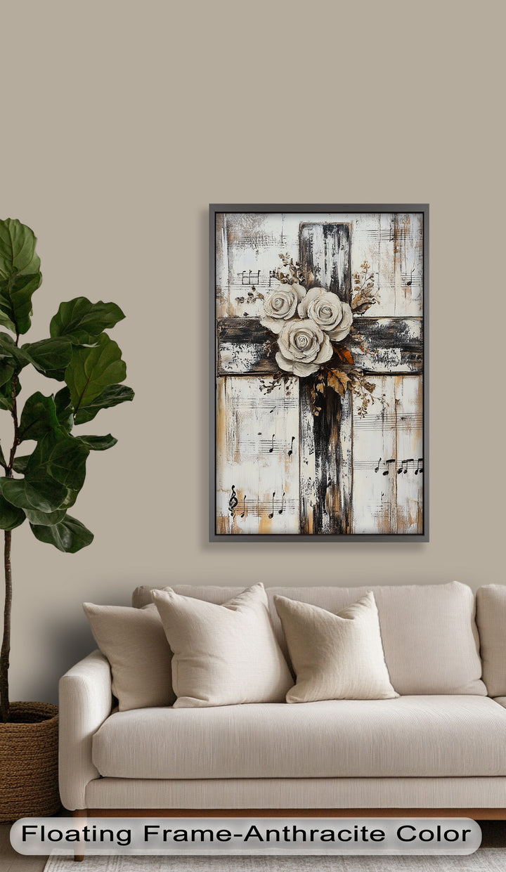 Kreuz mit Rosen und Noten - Christliches Ölgemälde