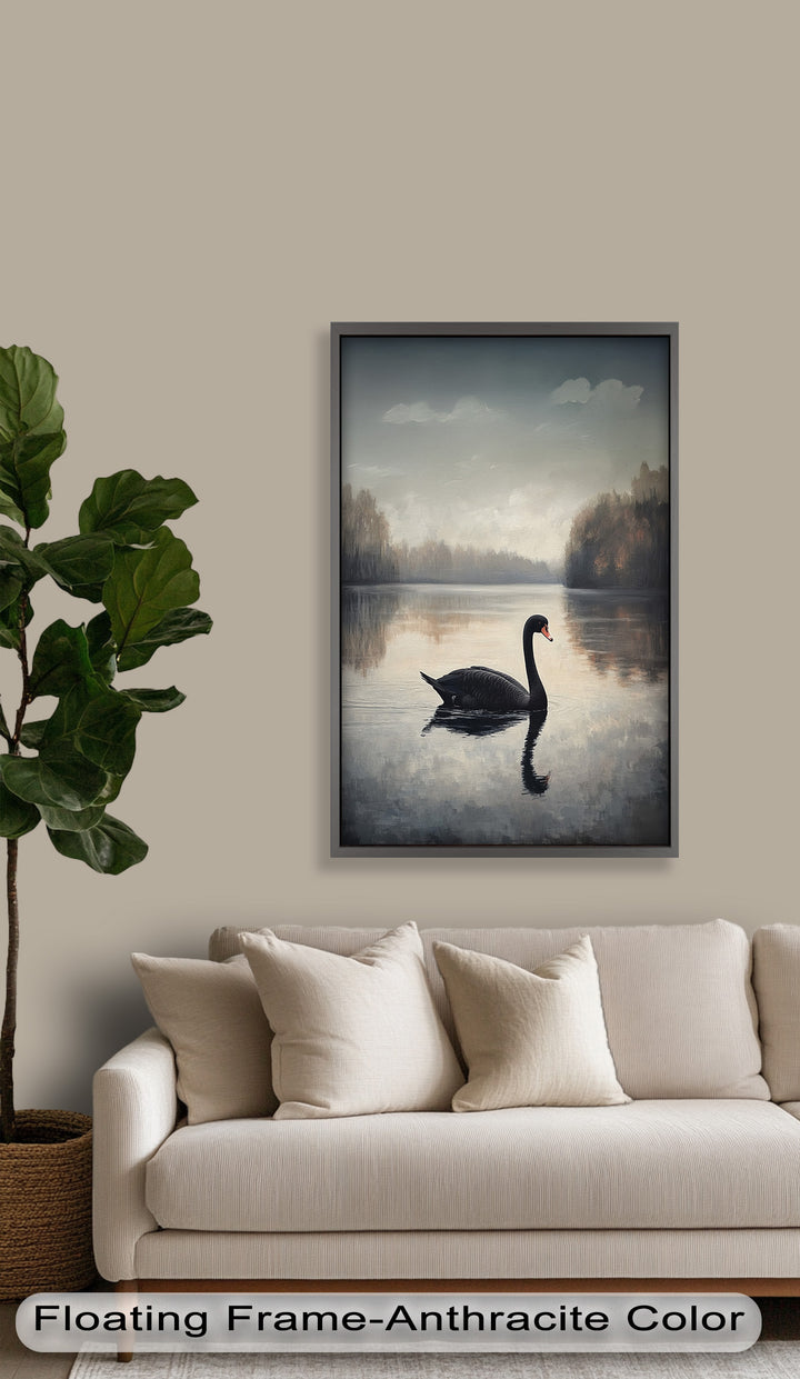 Black Swan at Dusk – Lake Scene Oil Painting