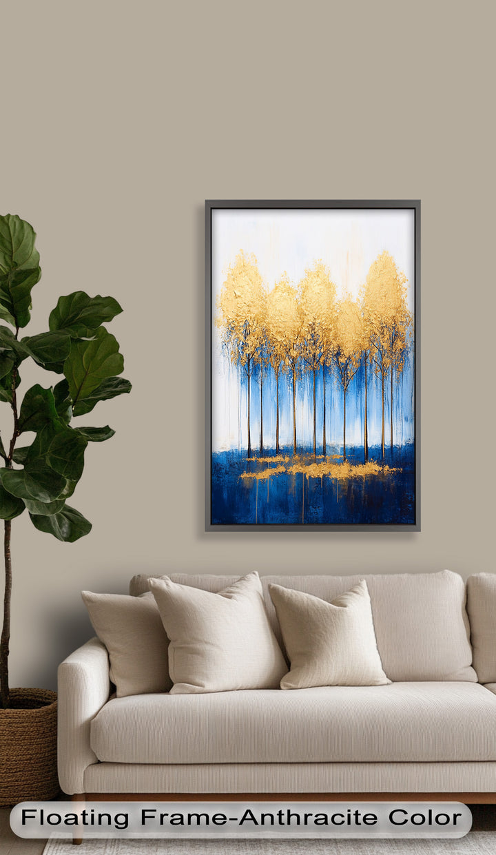 Goldene Bäume am blauen Horizont - Abstraktes Ölgemälde