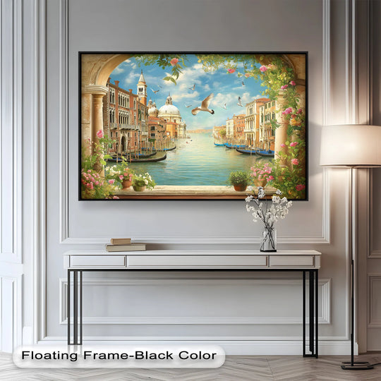Deep shadows emphasize the floating frame of this Venice Seaside stunning Italian oil painting decoration, showcasing a serene canal scene with gondolas and historic architecture.