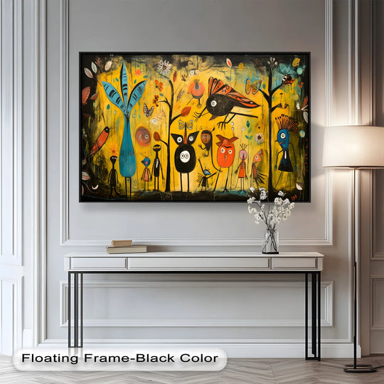 Highlighted by its modern oil painting art, the finish enhances the framed Whimsy in the Wild surreal forest creature Picasso-style oil painting.