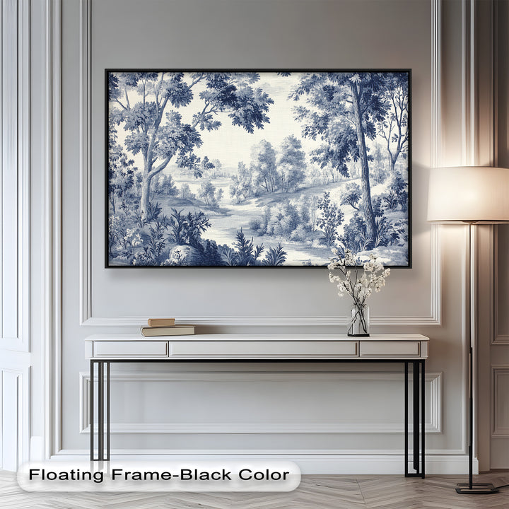 Elegant scenic artwork with intricate foliage in classic toile style.
