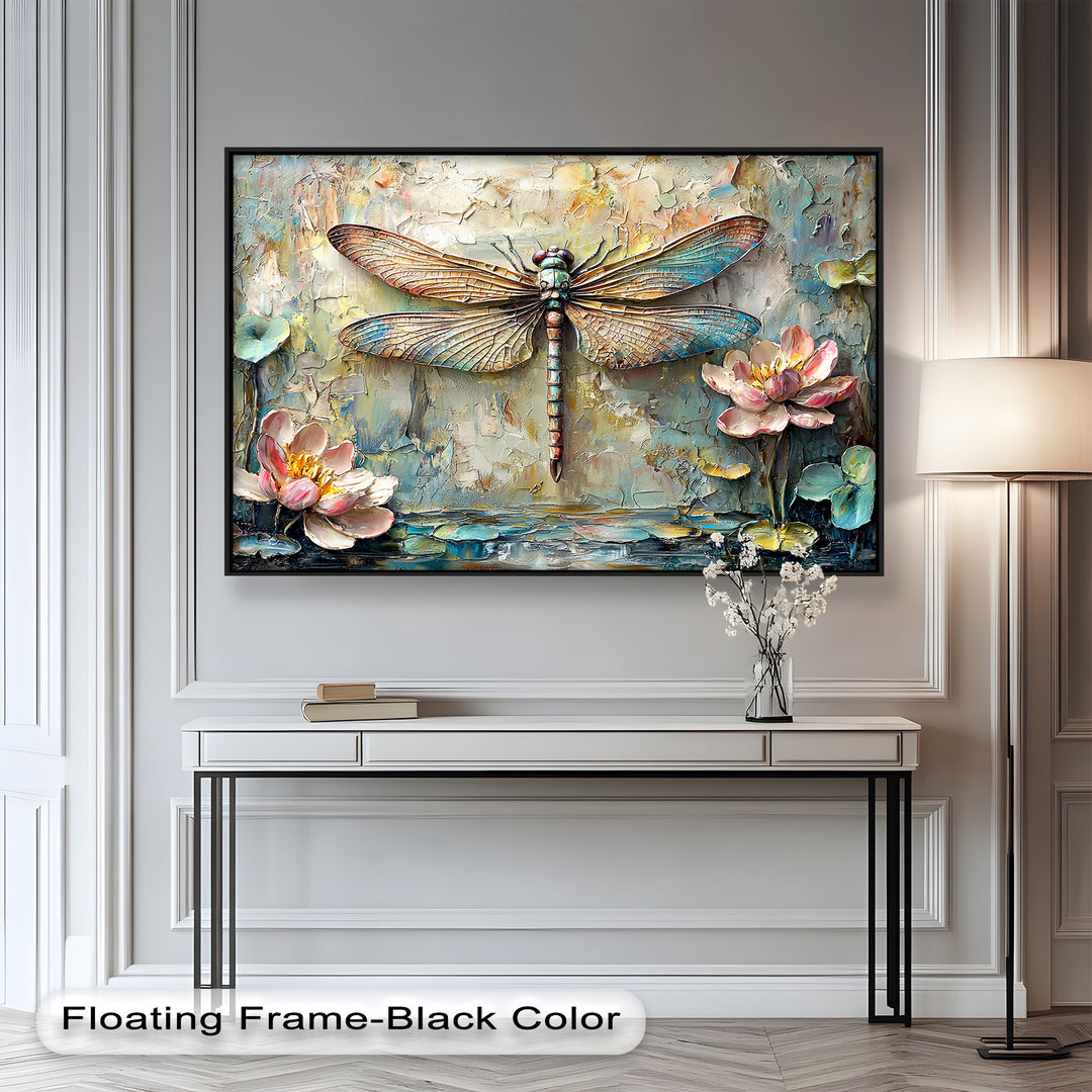 A stunning mixed-media wall art piece depicting a metallic dragonfly with iridescent hues, surrounded by delicate water lilies and an abstract textured background.