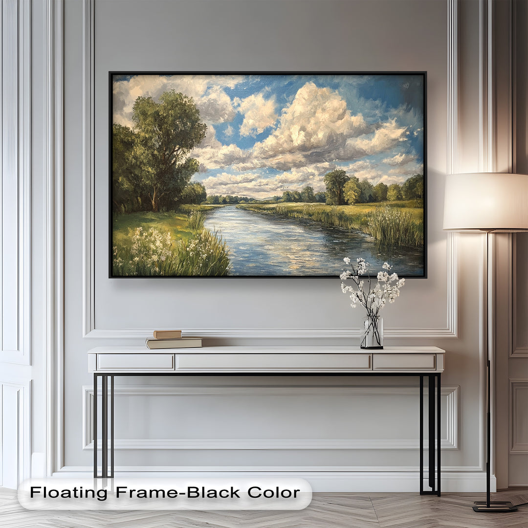 Tranquil river landscape painting with lush trees and cloud-filled sky.
