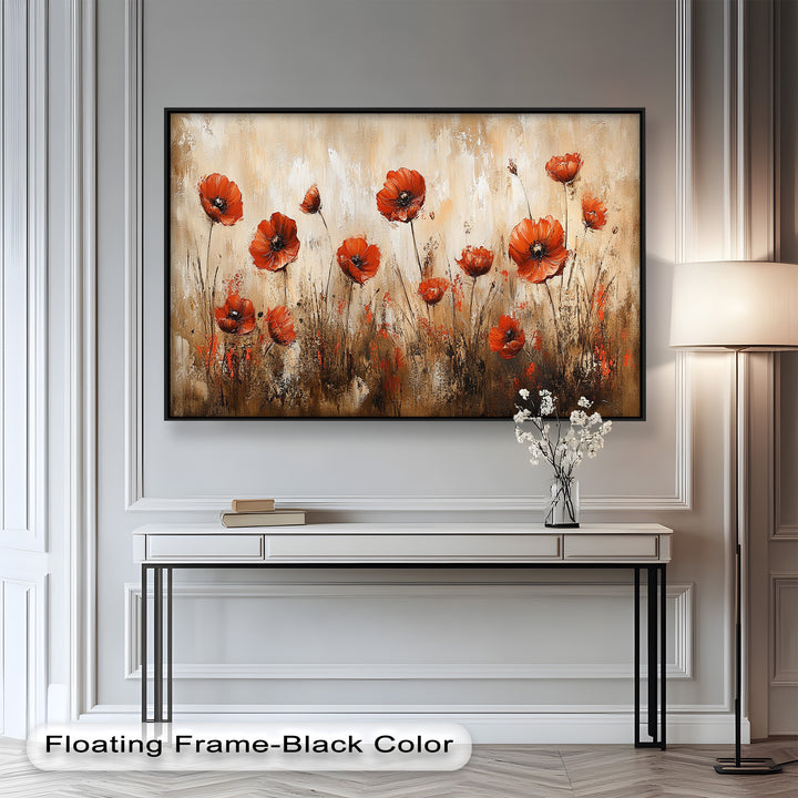 Fiery Meadow – Scarlet Poppies in Earth-Toned Field Flower Oil Painting