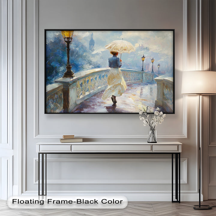 Woman with Umbrella on Cobblestone Bridge – Oil Painting