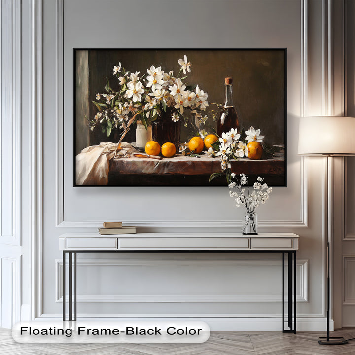 Orange & White Floral Still Life – Elegant Framed Oil Painting