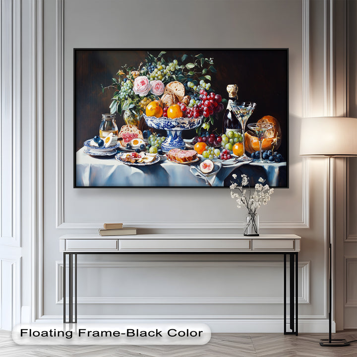 A perfect harmony of food, florals, and fine living, this painting brings timeless sophistication and warmth into any traditional or vintage-inspired interior.