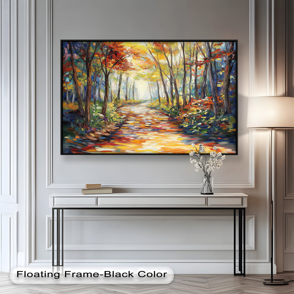 Infused with rich autumn hues and masterful brushwork, this forest-inspired oil painting captures the magic of sunlight filtering through a canopy of vibrant trees. A stunning addition to your home décor, bringing both warmth and inspiration.
