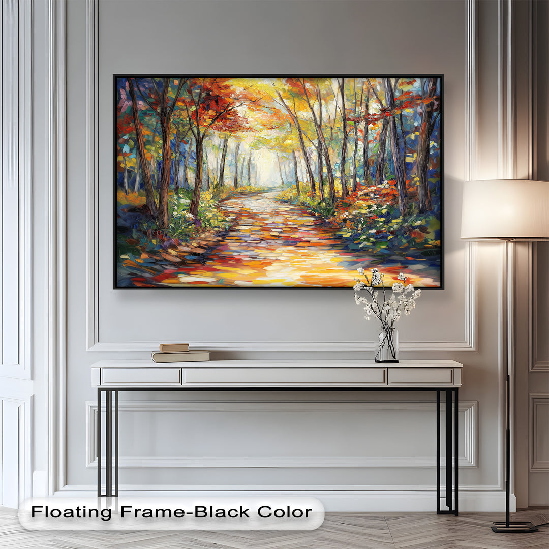 Infused with rich autumn hues and masterful brushwork, this forest-inspired oil painting captures the magic of sunlight filtering through a canopy of vibrant trees. A stunning addition to your home décor, bringing both warmth and inspiration.