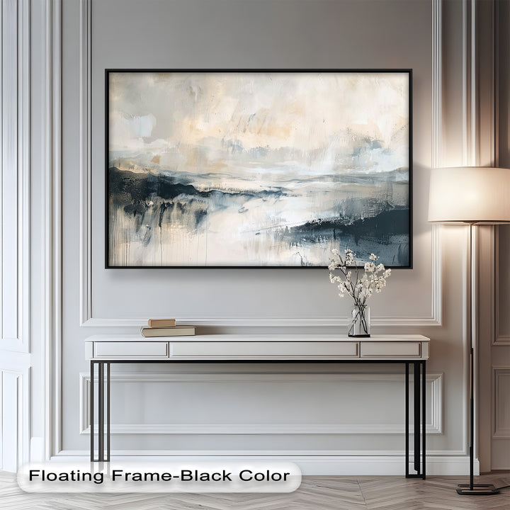 This ethereal painting portrays a dreamlike landscape, with soft washes of color dissolving into one another, suggesting a quiet horizon shrouded in mist.