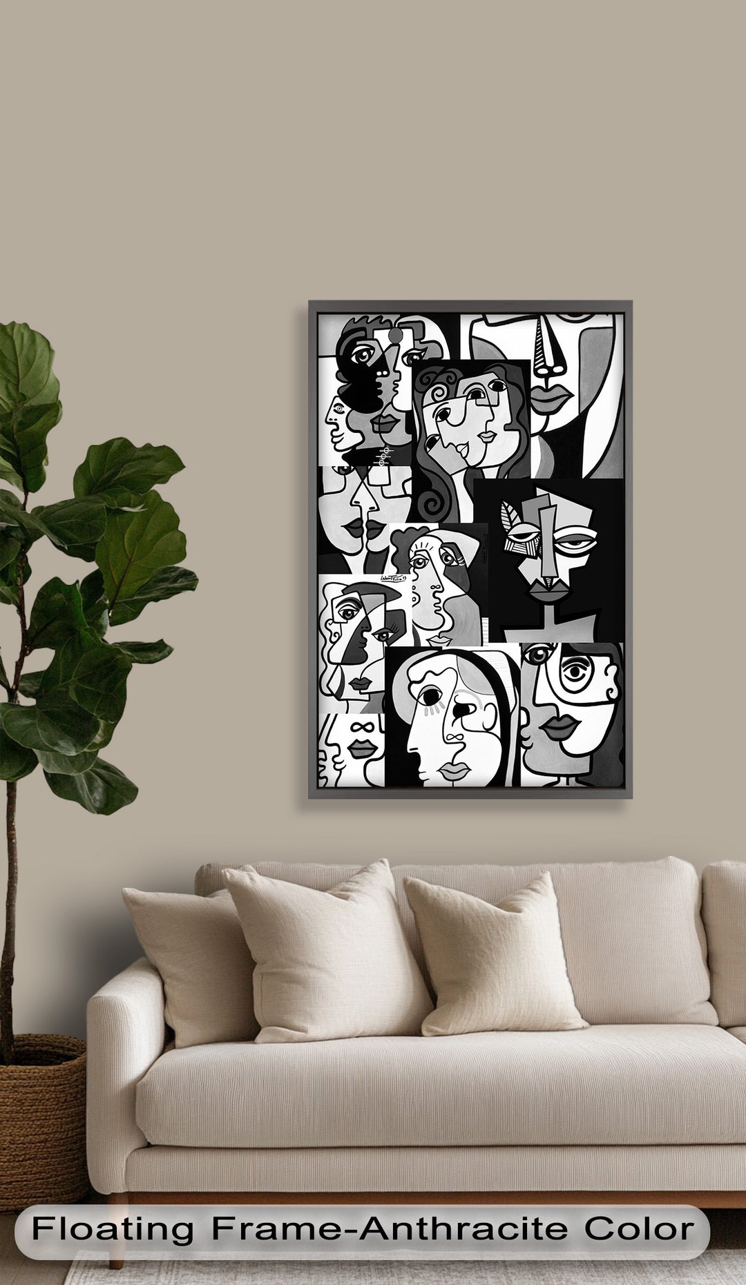 Monochrome Muse – Picasso-inspiriertes Ölgemälde mit kubistischen Gesichtern