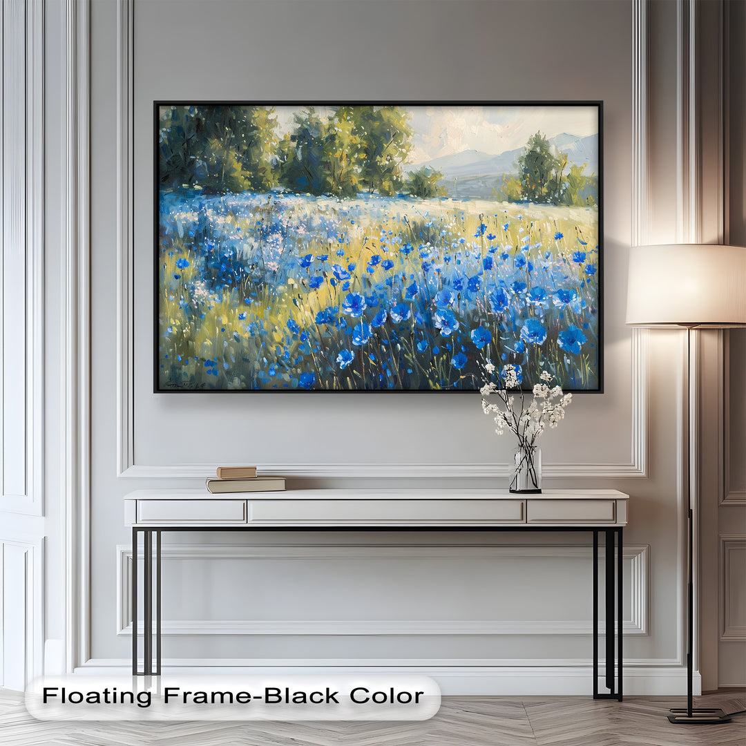 A breathtaking impressionist-style painting captures a sunlit meadow filled with vibrant blue wildflowers, gently swaying in the breeze against a backdrop of distant mountains.