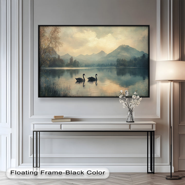 Black Swans on a Mountain Lake – Modern Oil Painting