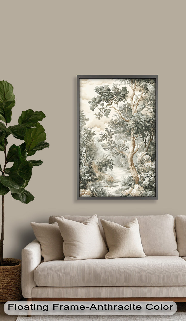 This vintage-style landscape artwork features a graceful tree towering above a peaceful forest path, rendered in soft, muted tones for a timeless effect.