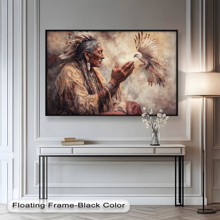 Whisper to the Spirit – Native Elder and Falcon Oil Painting