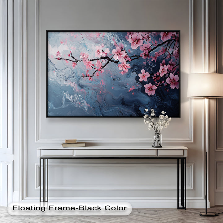 A serene floral scene with soft pink cherry blossoms floating over an abstract, fluid-like sky in cool tones.