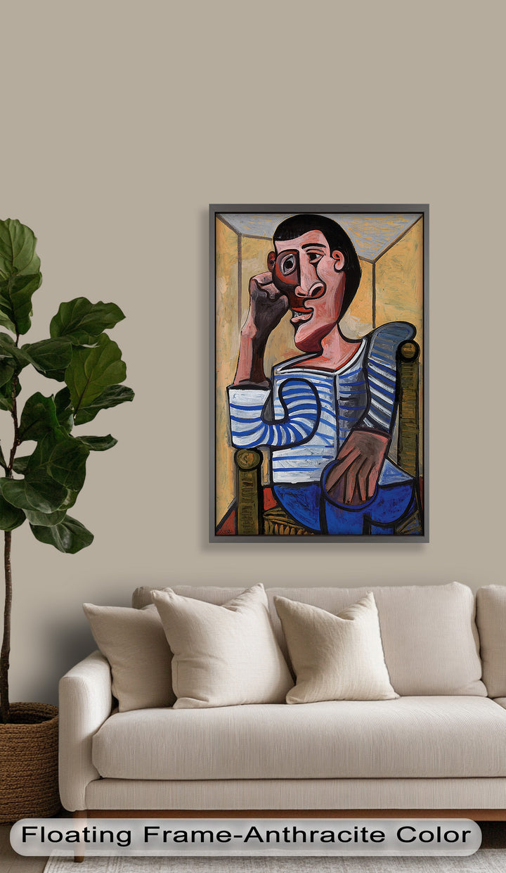 Melancholy in Stripes – Seated Man with Blue Shirt Picasso Oil Painting