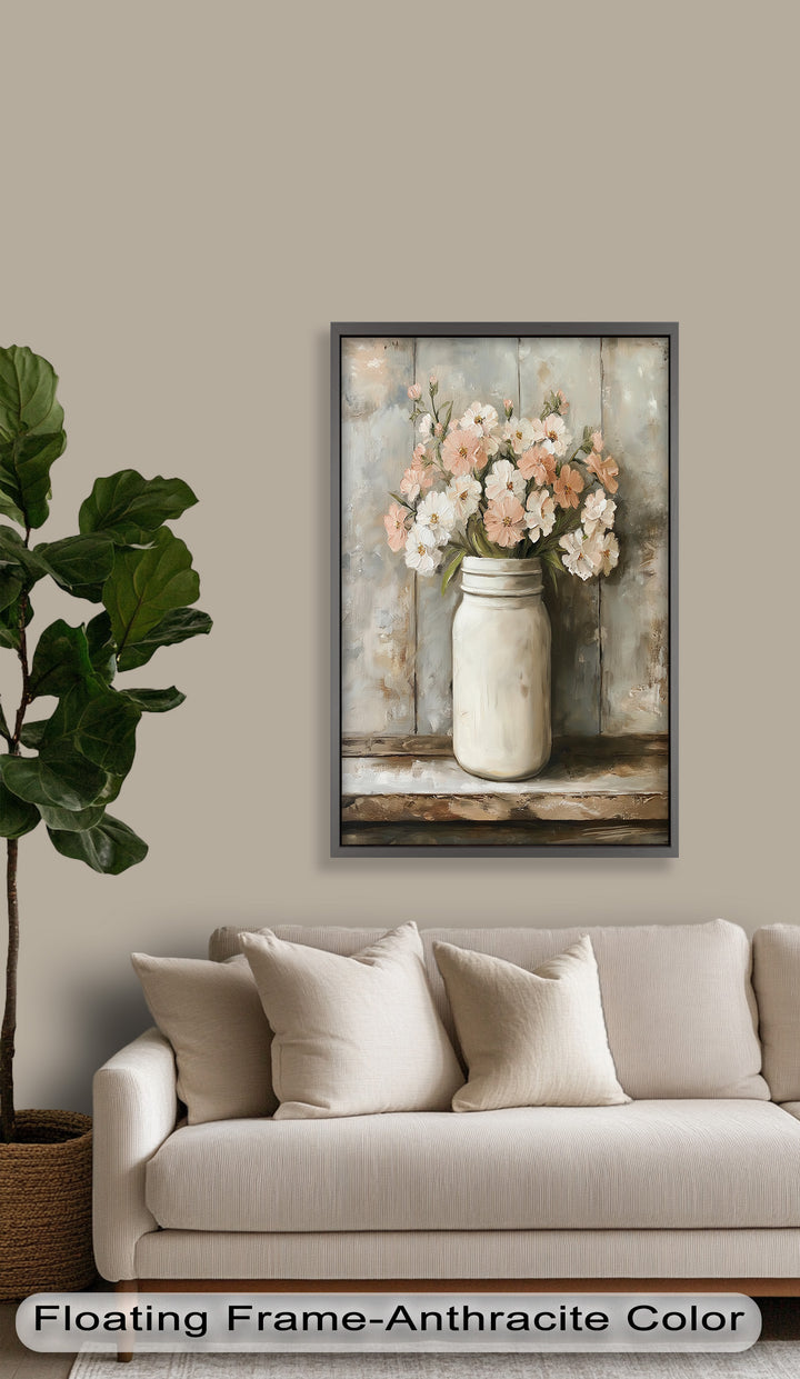 Blush & Cream Blooms – Rustic Mason Jar Flower Oil Painting