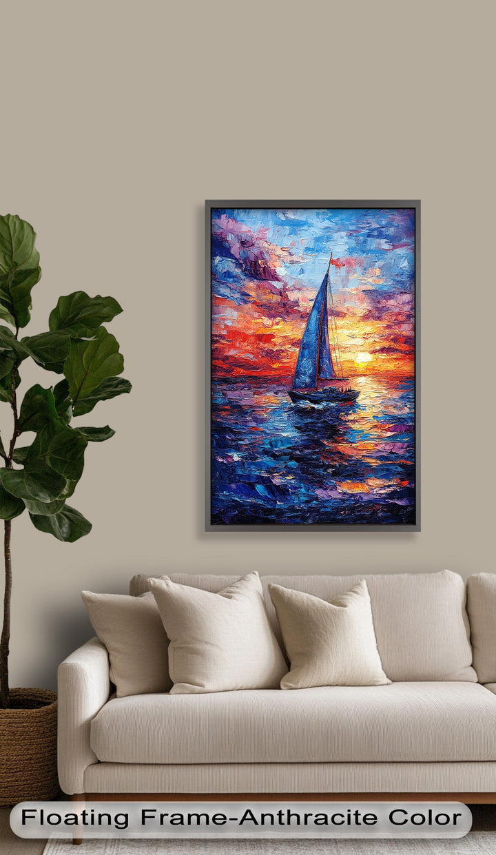 Crimson Horizon – Sunset Voyage Boat Oil Painting