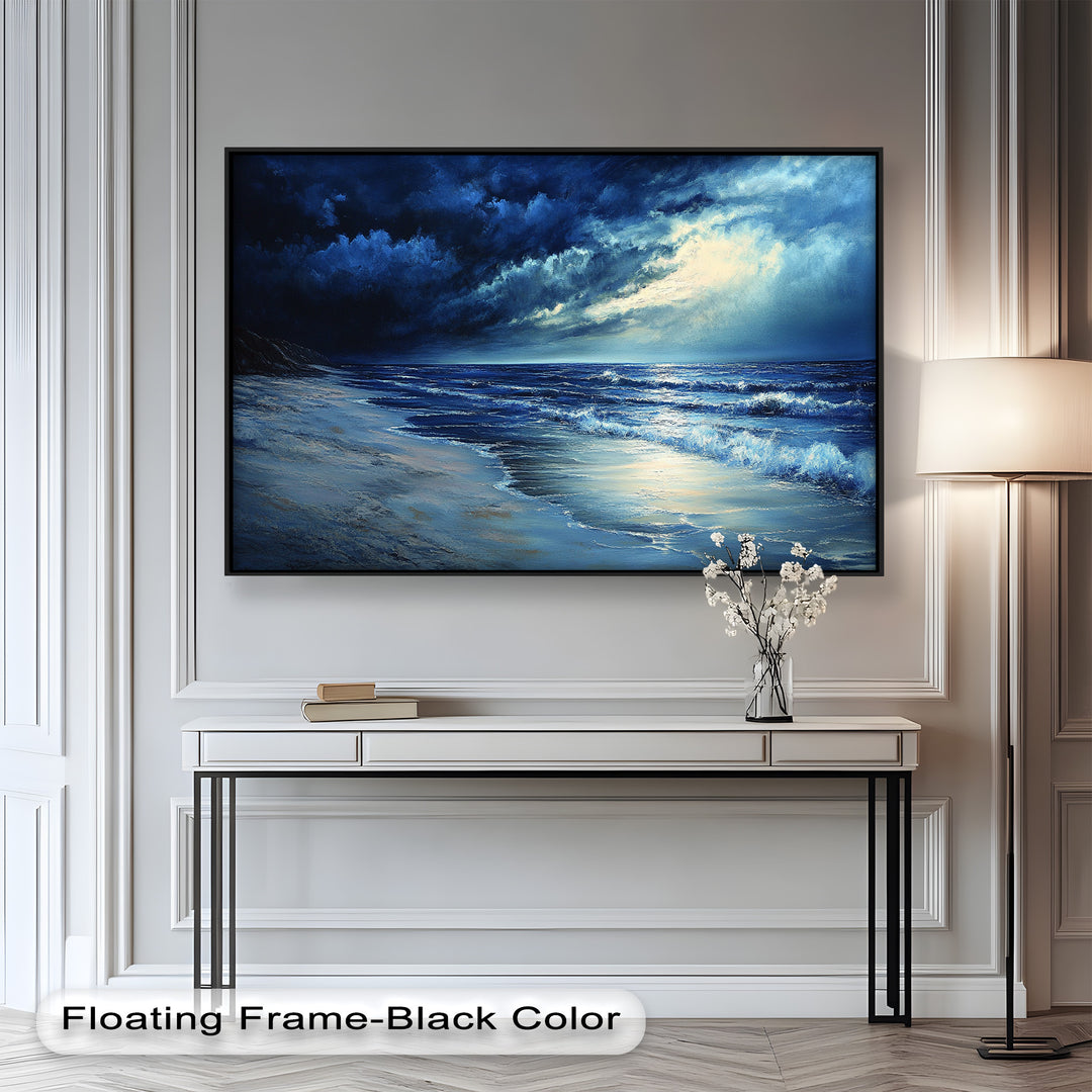 This dramatic seascape painting captures the power and mystery of the ocean under a moody, stormy sky, with moonlight reflecting off the waves.

