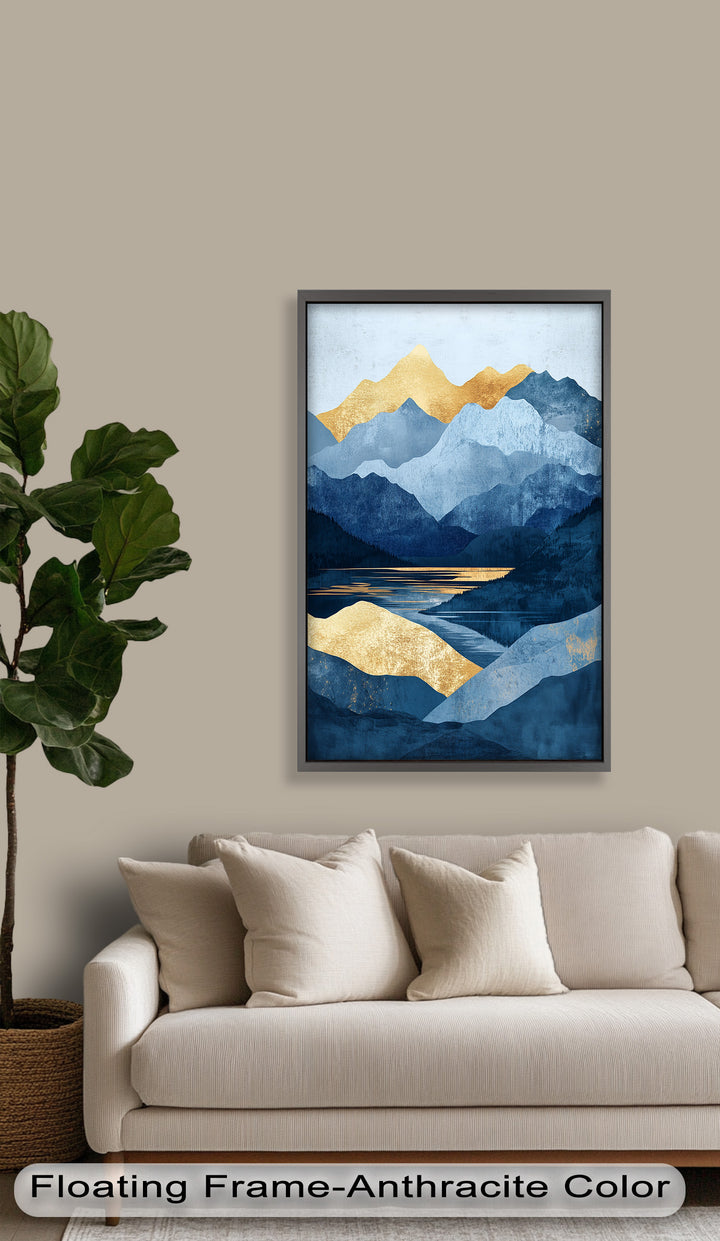 Golden Horizon – Abstract Blue Mountain Landscape Oil Painting