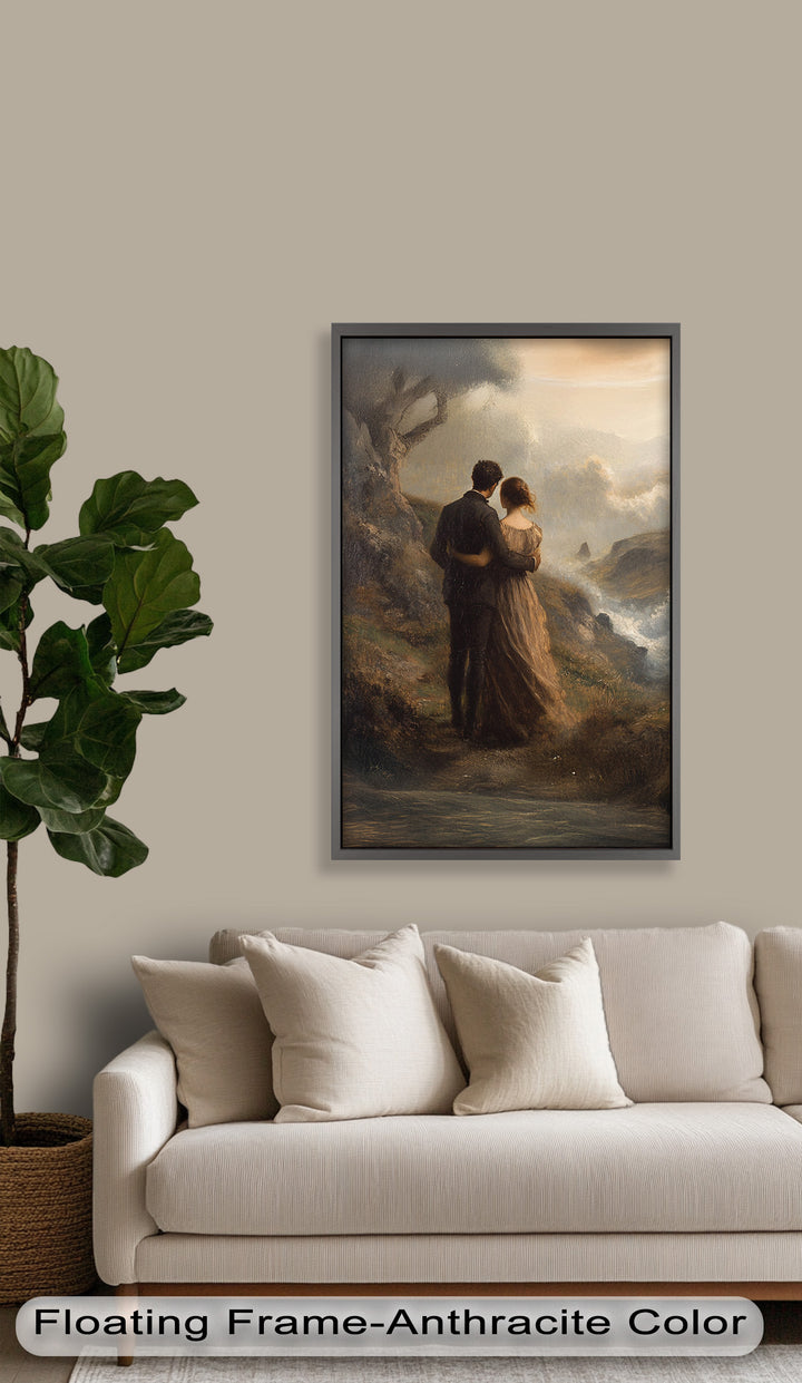 Embrace on the Cliffside – Oil Painting of Lovers in Nature