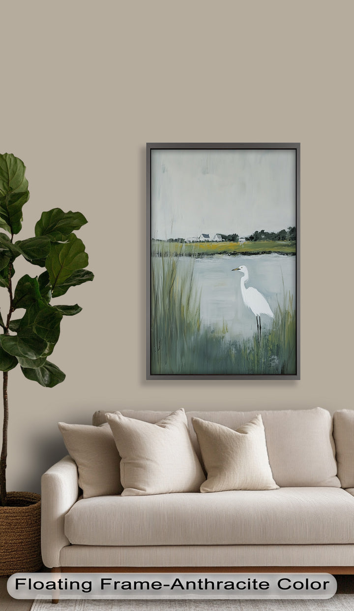 Egret by the Marsh – Minimalist Landscape Oil Painting