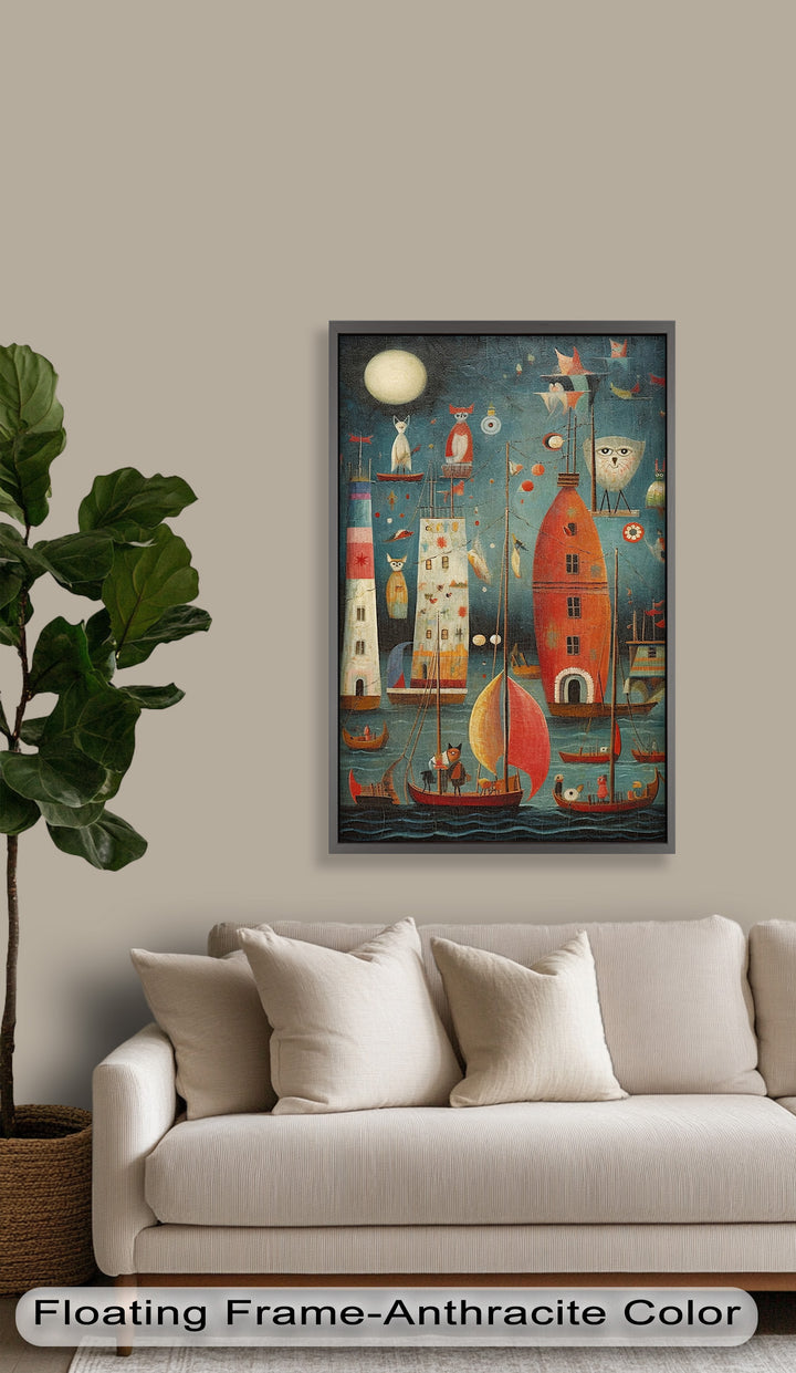 Moonlit Harbor Parade – Surreal Cat and Owl Fantasy Oil Painting