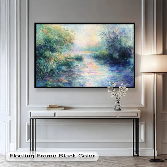 Impressionist oil painting wall art captures the vibrant hues and light reflections of the riverbank at dusk, making it the loudest element in this interior.