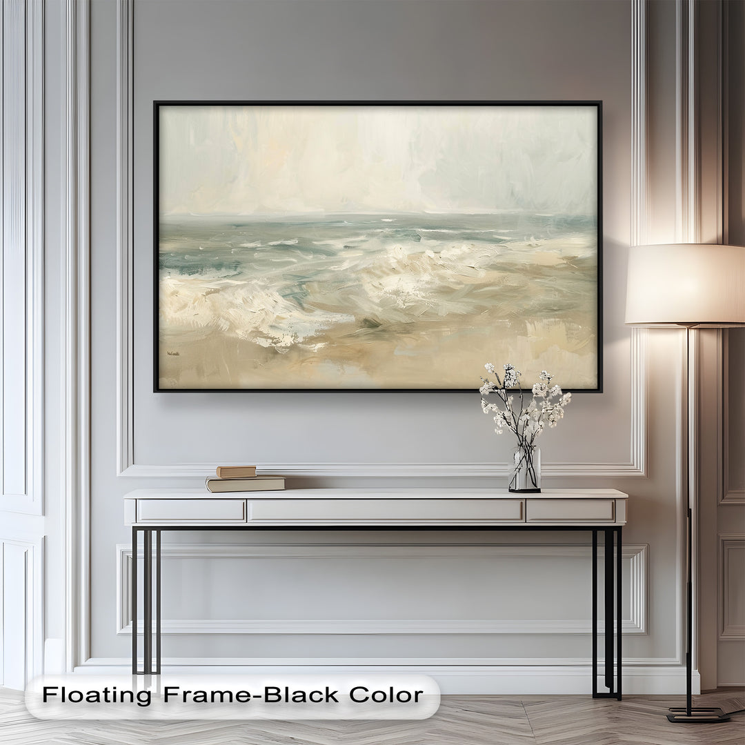 Modern Earthy Green Abstract Landscape – Coastal Serenity Oil Painting