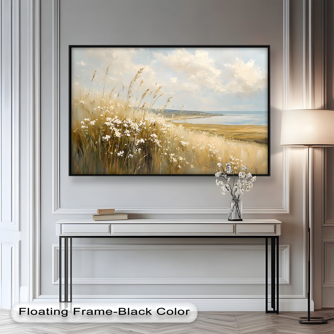 A serene coastal landscape unfolds as wildflowers and tall grasses sway gently on a sunlit hillside, overlooking the calm expanse of the sea in the distance.
