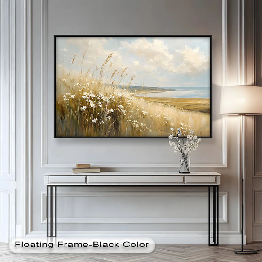 Aromatic wildflowers and grasses in this coastal meadow are the central subject of this serene oil painting art piece, 'Wildflower Field Landscape.'