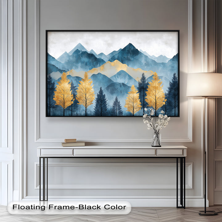 Blaue und goldene Aquarell-Berglandschaftskunst – Atemberaubende Ölgemälde